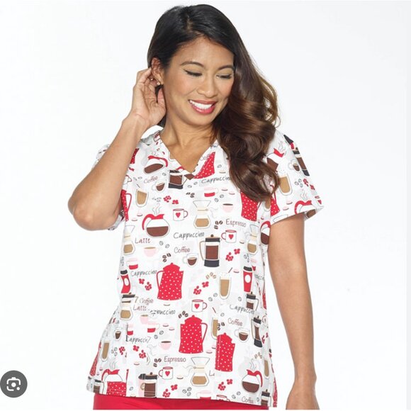 LOVE YOU LATTE Scrub Top Ladies  V-Neck 2 Pocket Scrub Top Size Small Coffee - Picture 1 of 11